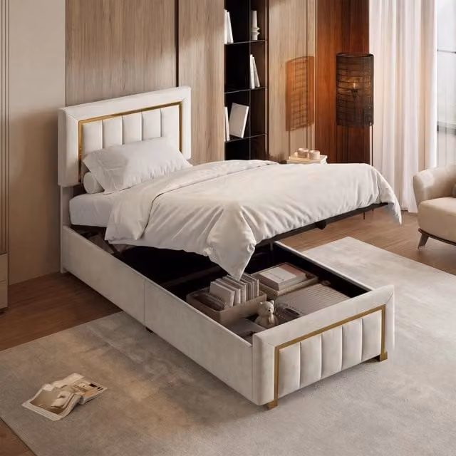 Letto Singolo Imbottito 90x200 cm; Contenitore Idraulico; Testiera in Velluto; Struttura Letto per Bambini; Rete a Doghe di Legno; Senza Materasso