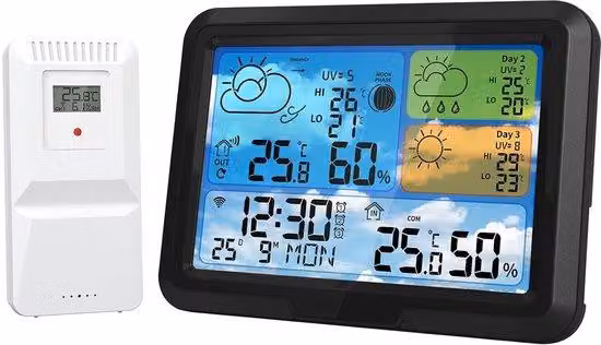 Termometri wireless per interni ed esterni con display da 5,3 pollici, controllo tramite l'app Tuya e previsioni meteo a 3 giorni