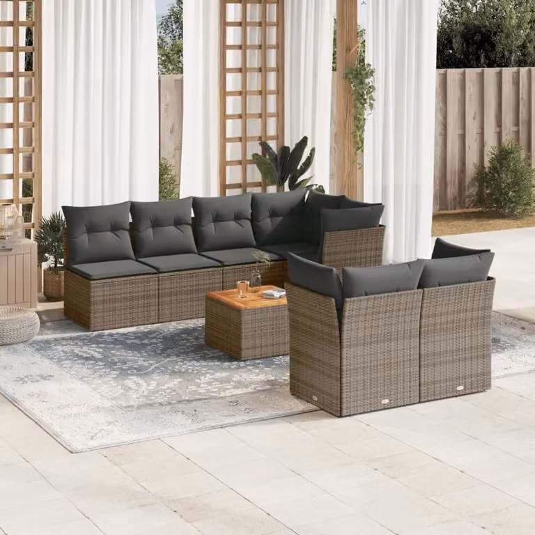 Set Divano da Giardino vidaXL 8 pz in Polyrattan Grigio con Cuscini e Tavolino da Esterno