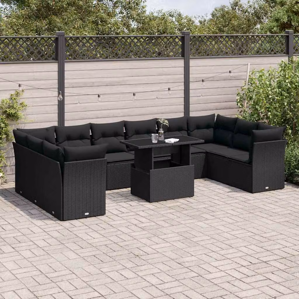 vidaXL Set Divani da Giardino 11 pz in Polyrattan Nero con Cuscini e Tavolino – 1