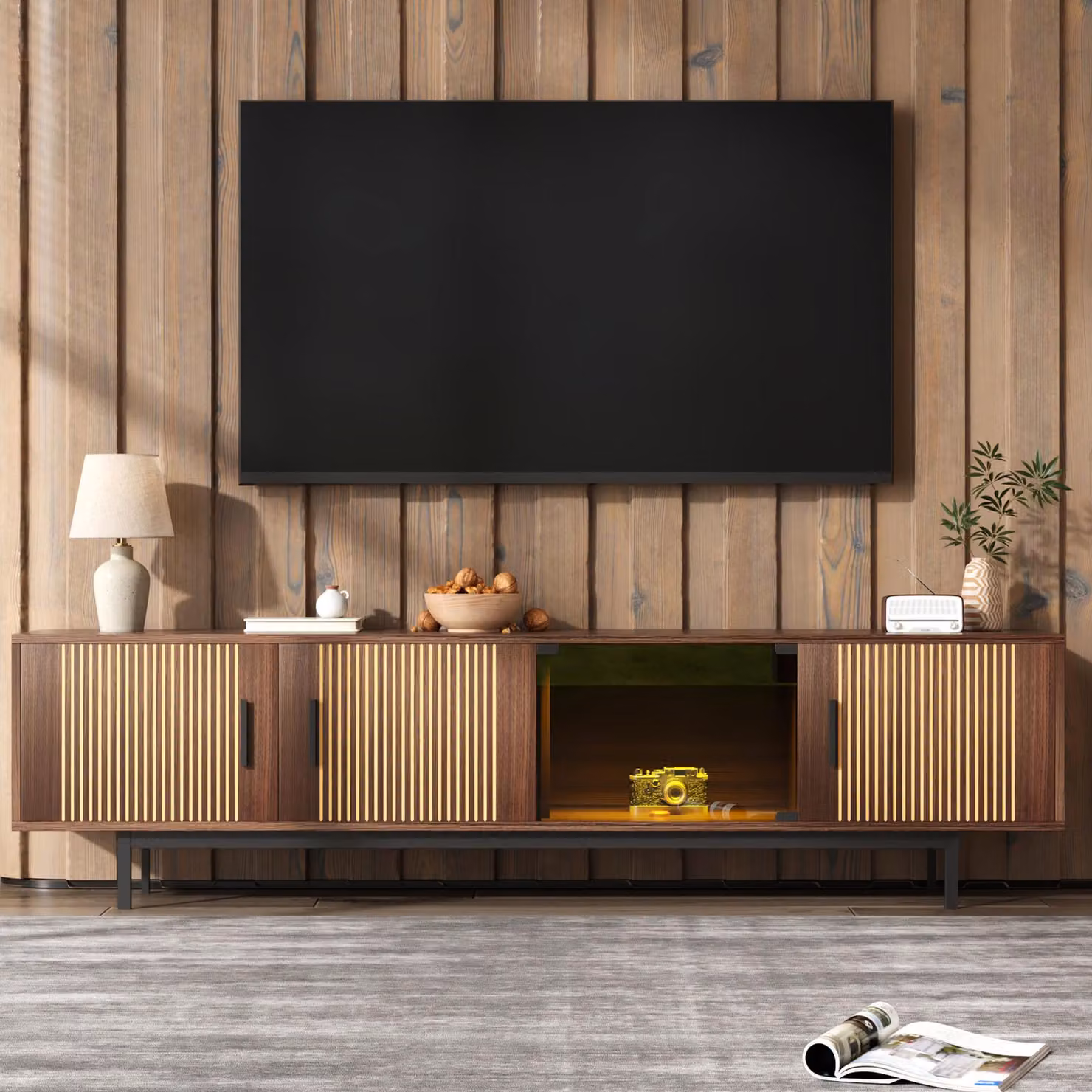 Mobile TV basso moderno GL Store con illuminazione LED integrata e 3 ante, L/P/H: 200 x 35 x 53 cm, Colore marrone – 2