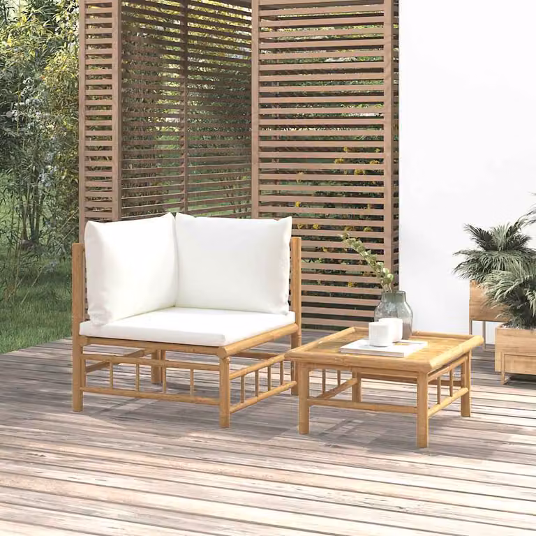 Set Salotto da Giardino a L vidaXL in Bambu con Cuscini Bianco e Beige