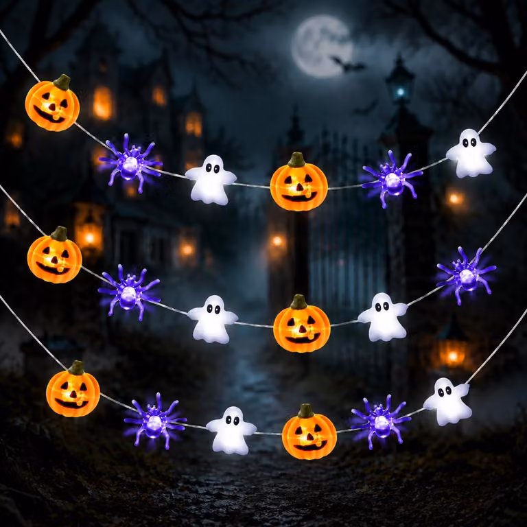 Catena luminosa a tema Halloween, 3 metri, 30 LED, con decorazioni a forma di zucca, ragno e fantasma, con timer