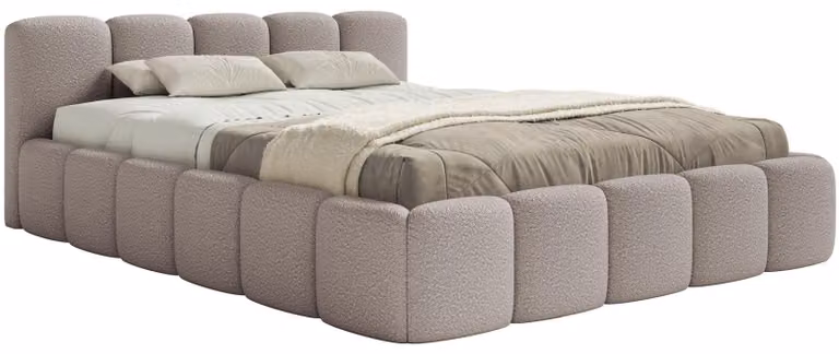 Selsey Cloudy Low: Letto imbottito 140x200 con struttura a doghe in legno, rivestito in tessuto bouclé color grigio chiaro
