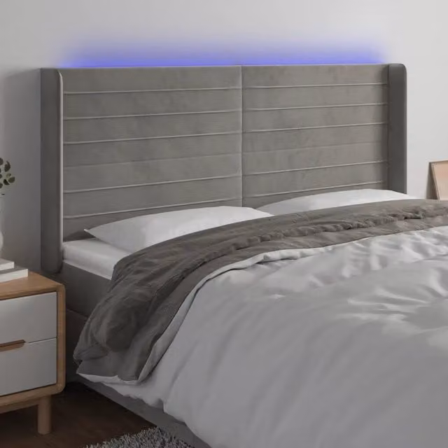 Testiera con LED Design Mania in Velluto Grigio Chiaro con Porta USB, L: 203 cm, P: 16 cm, H: 118/128 cm – 1