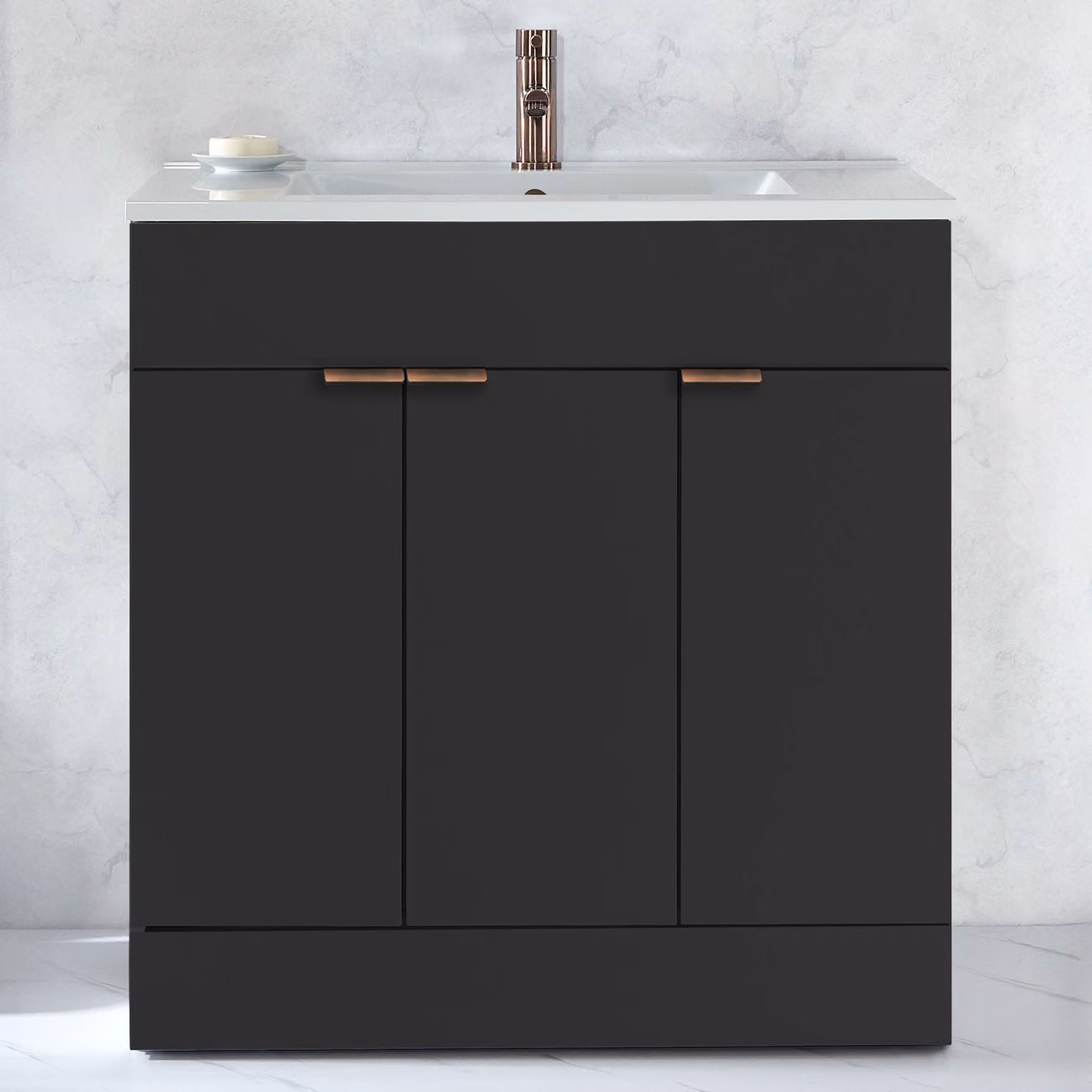 Mobile Bagno a Terra Grigio Nero da 810mm con Lavabo e Maniglie con Impugnatura a Dito in Bronzo Spazzolato - Cluo