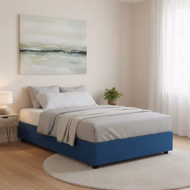 Letto matrimoniale contenitore Alaksir Talamo Italia con rivestimento in tessuto e materasso incluso, Blu, L/P: 140 x 200 cm
