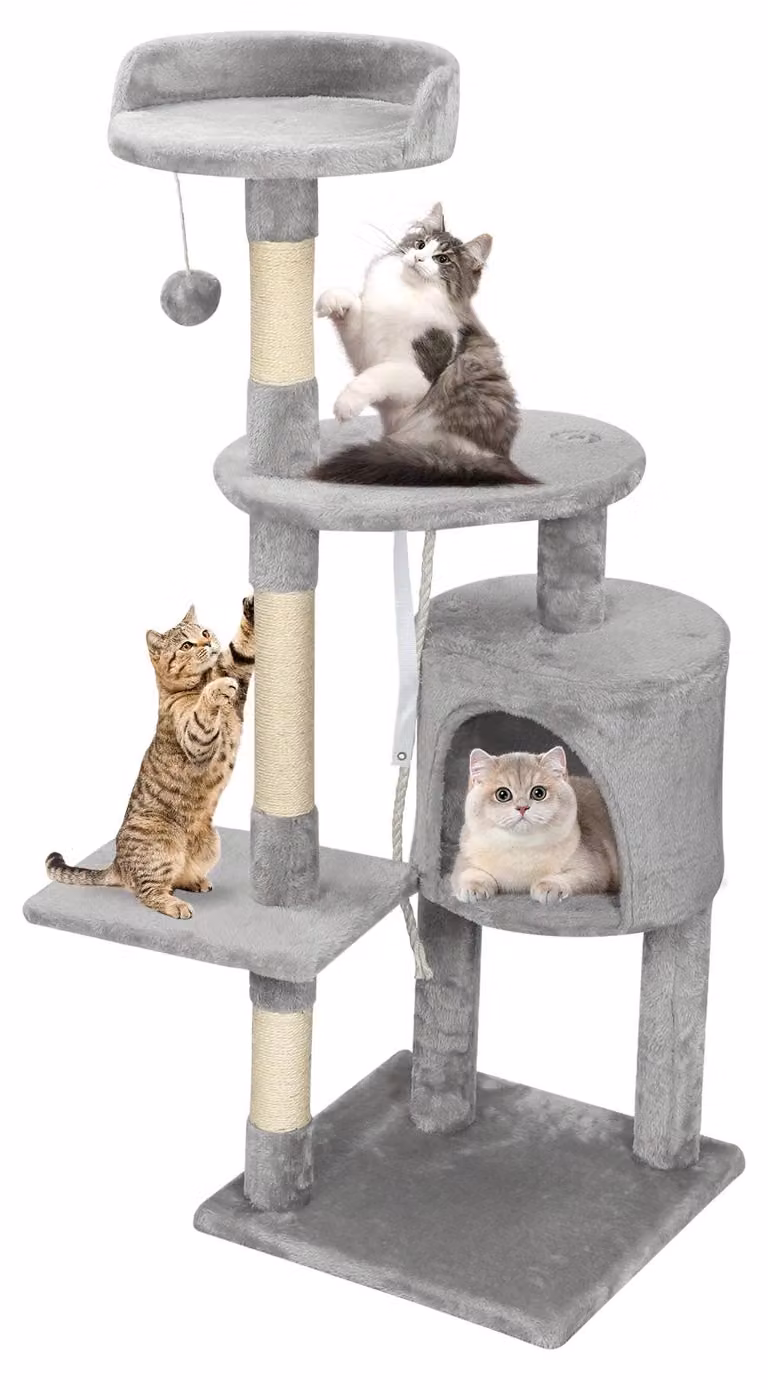 Albero per gatti da appartamento - Albero con casetta - 5+ livelli - Legno - Pali per graffiare - Tana accogliente - Piattaforme imbottite - Con giochi - Colore PE00113003