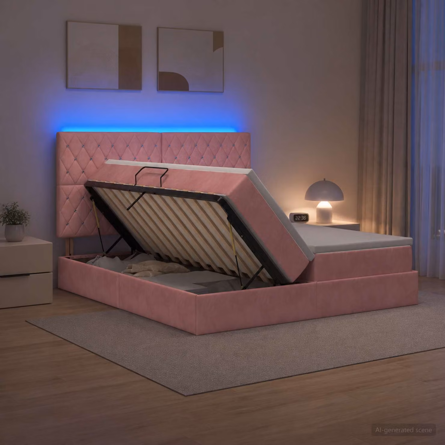 Letto con contenitore e materasso ibrido vidaXL in velluto rosa con illuminazione LED e porta USB L/P/H: 200 x 200 x 140 cm