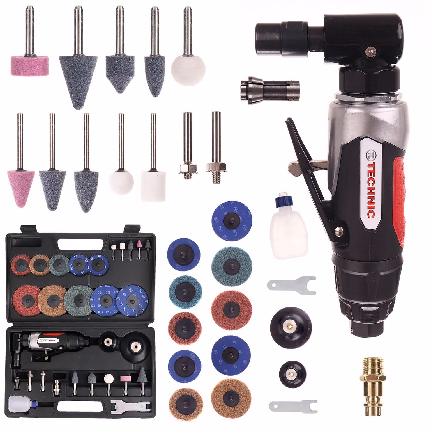 Smerigliatrice Angolare Pneumatica Con Albero 6+3Mm, Set Di Pietre E Dischi