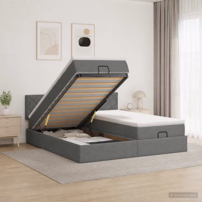 Letto ottomano con materasso vidaXL in tessuto grigio e bianco, L/P/H: 160 x 200 x 88 cm