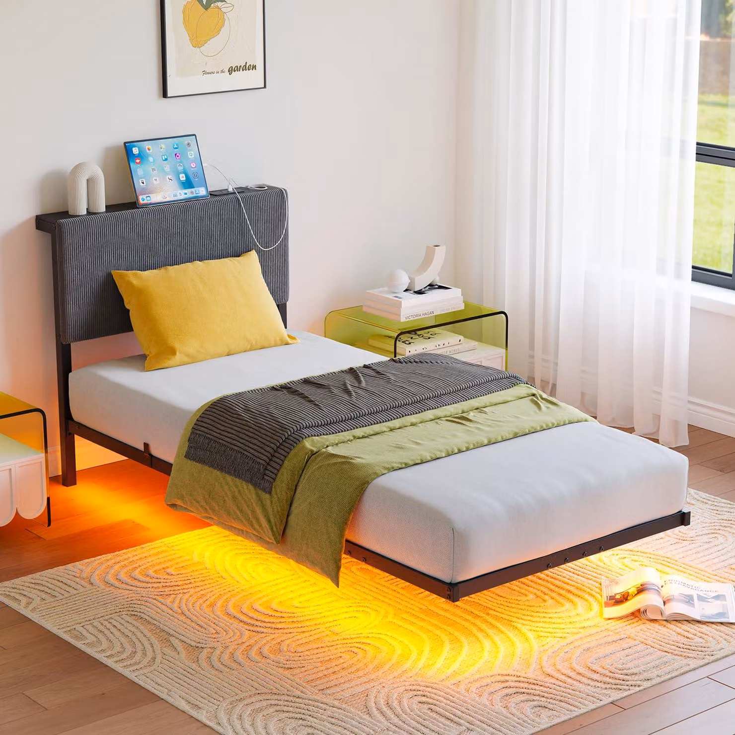 Letto 90x200 cm con illuminazione a LED, base di ricarica, design sospeso, colore grigio scuro