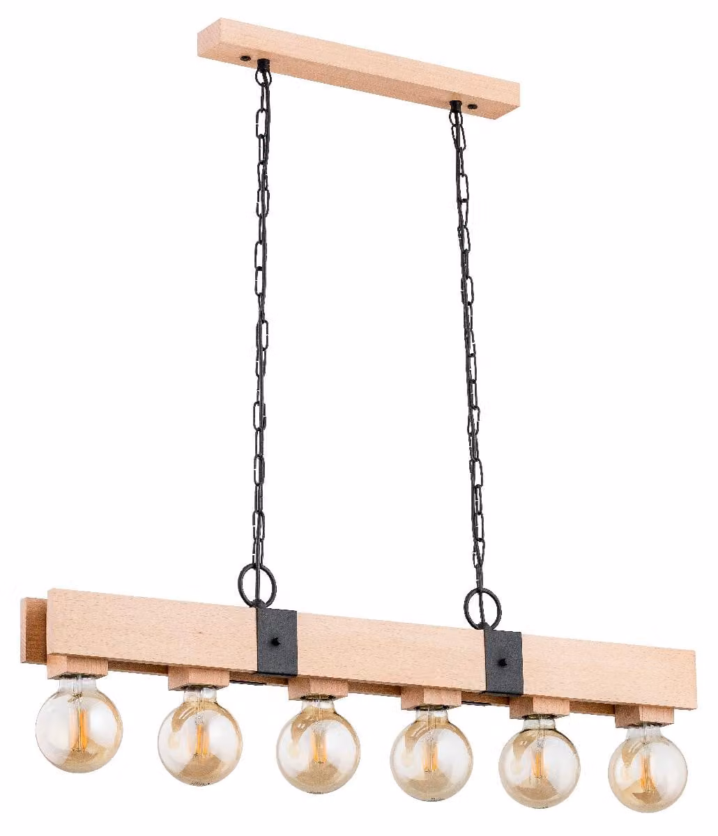 Lampada a sospensione con catene BARY, legno chiaro, 6xE27x15W, legno, dimensioni: 80x85x8,5 cm, IP20, Alfa