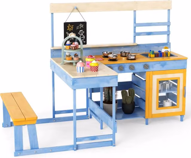 Set gioco cucina da giardino Design Mania con tavolo da picnic e panchina in legno e metallo, colore blu