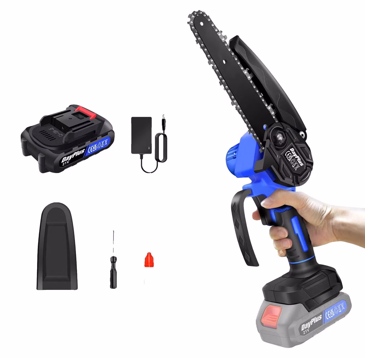 Mini motosega elettrica, barra guida da 6 pollici, velocità 2200 giri/min, velocità catena 5300 giri/min, capacità batteria 1300 mAh, tensione 21 V.