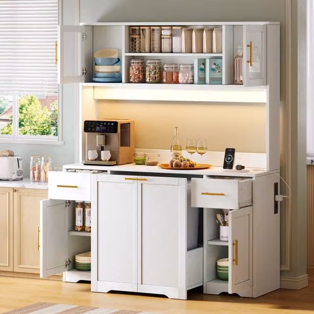 Colonna cucina con 2 cassetti, ripiani regolabili e pattumiera estraibile con LED, in MDF, 140×40×173 cm, bianco