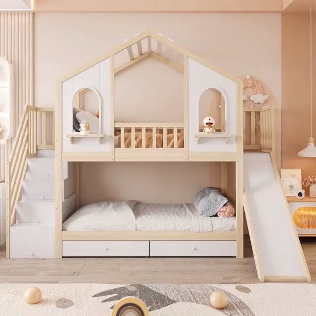 Letto a castello per bambini ¨C Minimal ¨C 90x200 cm, in legno, con cassetti, scala e scivolo
