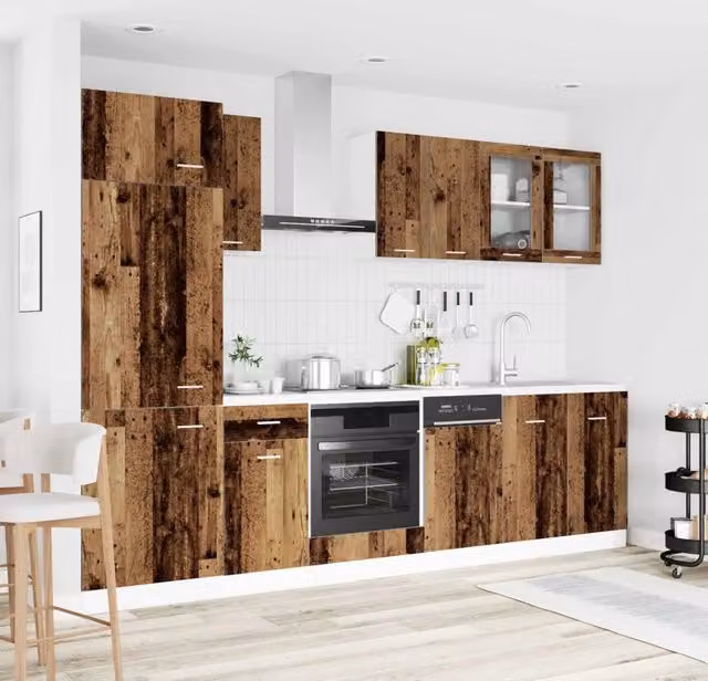 Unità cucina Lyon vidaXL in legno marrone stile rustico composta da 8 pezzi con ante a cerniera e ripiani interni H: 207,0 cm, L: 150,87 cm, P: 80,0 cm