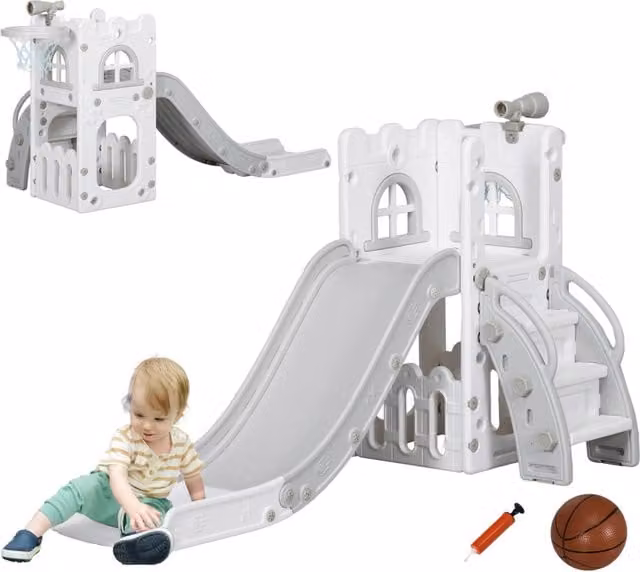 Scivolo per bambini 5 in 1 Xylo con canestro e struttura di arrampicata telescopica, Grigio e Bianco, L: 70 cm, P: 70 cm, H: 92 cm