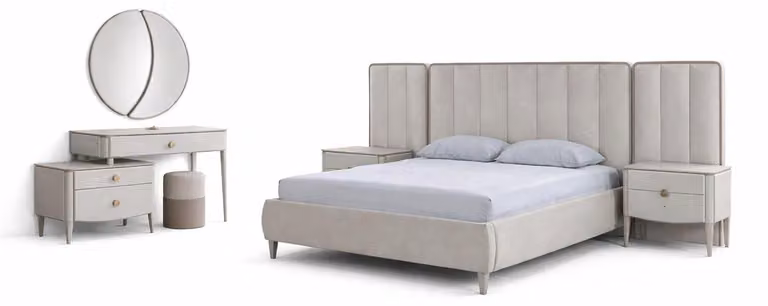Set da camera da letto moderno bianco: letto, comodino, toletta e specchio
