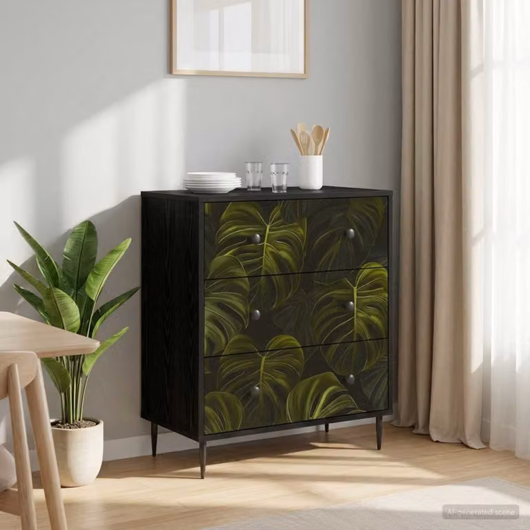 Cassettiera vidaXL ELBURG con stampa foglia di palma, design moderno nero, L: 66 cm, P: 36,5 cm, H: 76 cm