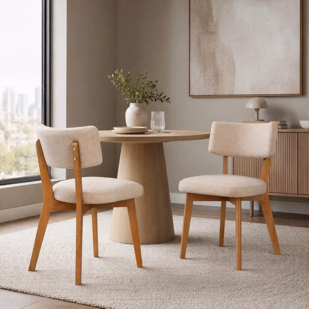 Sedia da pranzo MODFU imbottita in tessuto beige e verde con gambe in legno massello, stile mid-century, L: 54,5 cm, P: 47 cm, H: 77 cm – 2