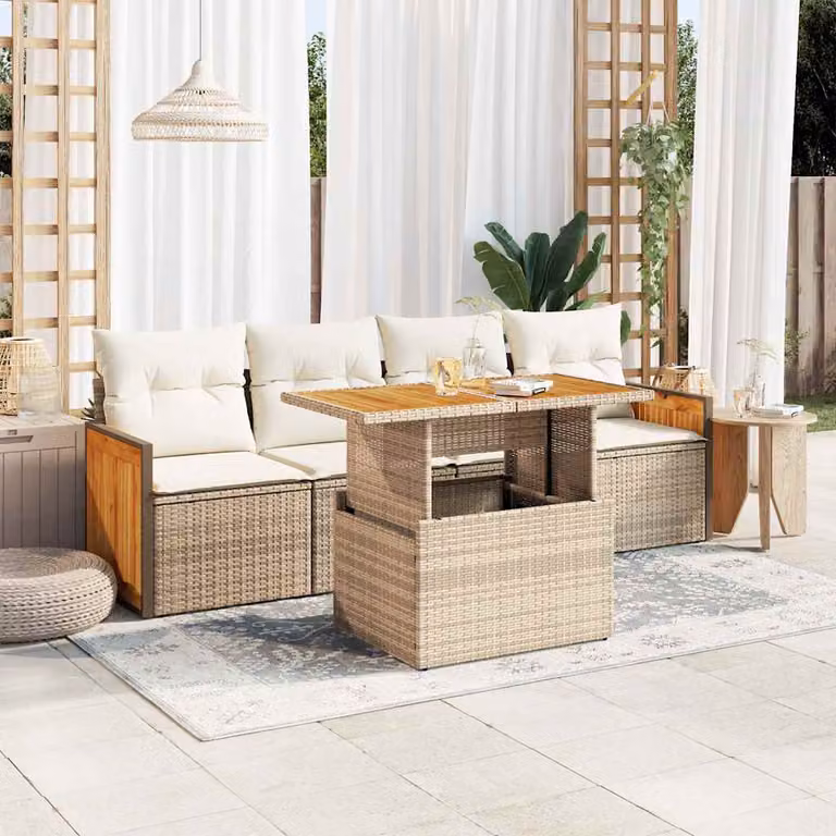 Set Divano da Giardino a L vidaXL in Polyrattan e Legno di Acacia con Cuscini Beige e Tavolino da Esterno