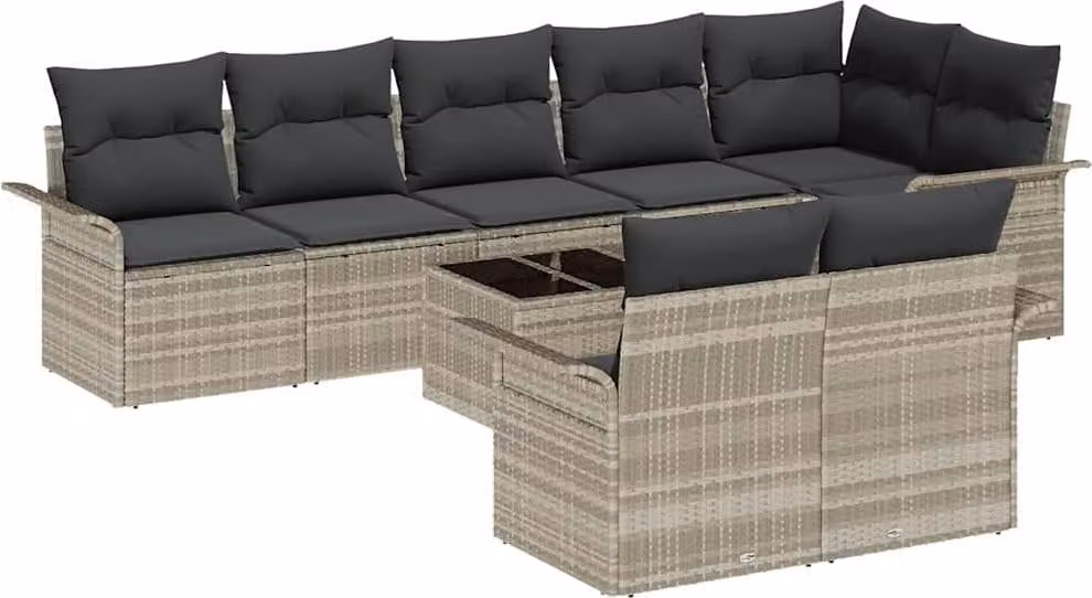 Set Divano da Giardino 9 pcs Grigio chiaro Poly Rattan