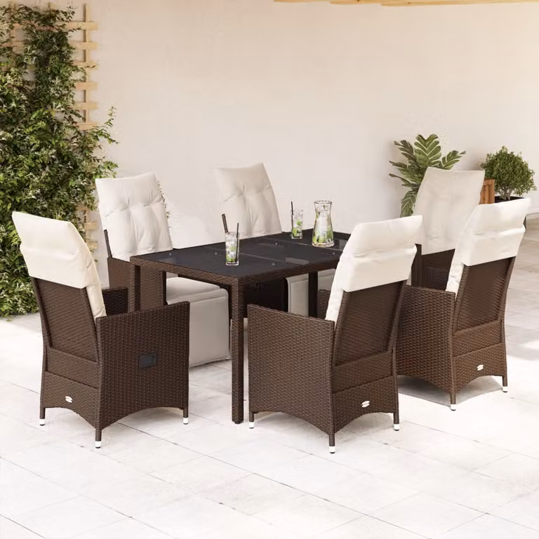 vidaXL Set Bistrò da Giardino 7 pz in Polyrattan Marrone con Cuscini e Piano in Vetro