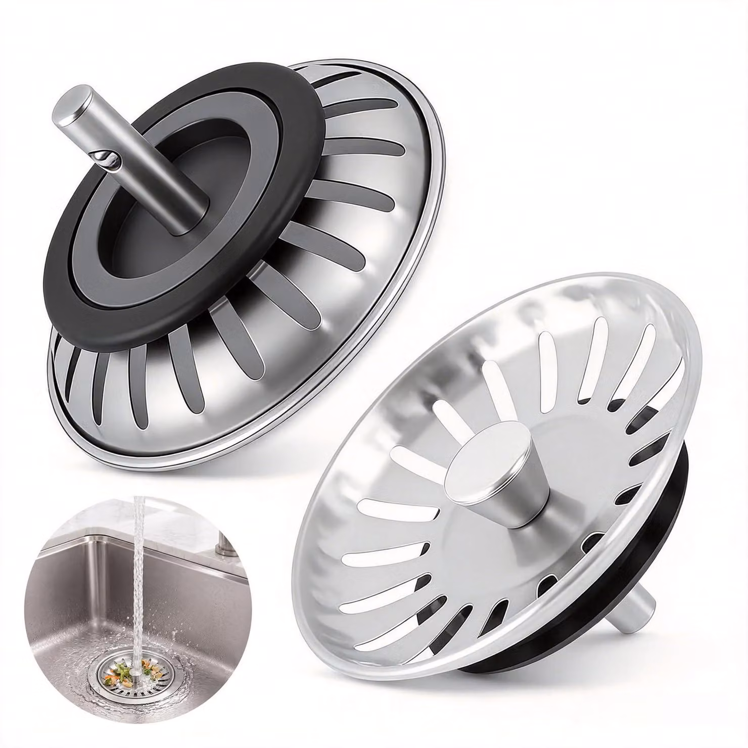 Set di 2 tappi in acciaio inossidabile per lavello, diametro 78 mm, con cestello filtrante