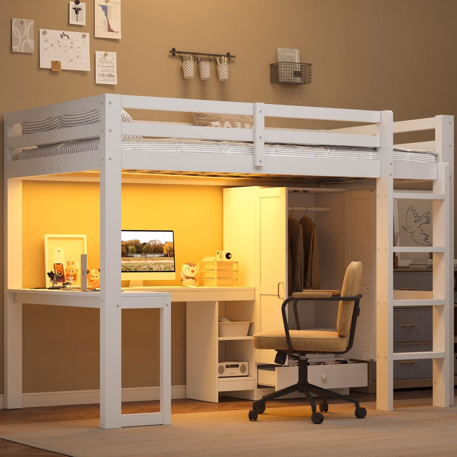 Letto a soppalco 140x200 cm con scrivania, scaffali, armadio, scala, porta USB e illuminazione a LED, 15 listelli, realizzato in MDF e legno di pino, colore bianco