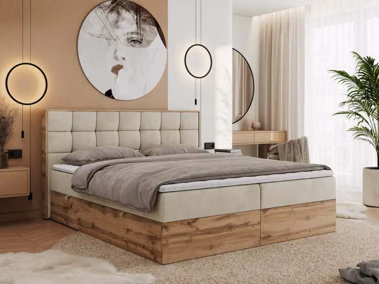 Letto boxspring MKS MEBLE 200x200 con contenitore in rovere, letto imbottito 200x200 con materasso H4, letto 200x200 con testiera, rovere Wotan - 200x200 - Velluto beige - Albero-1