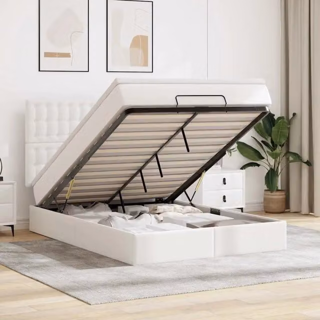 Letto con contenitore a sollevamento vidaXL in similpelle bianco con materasso e porta USB L/P/H: 193 x 144 x 140 cm