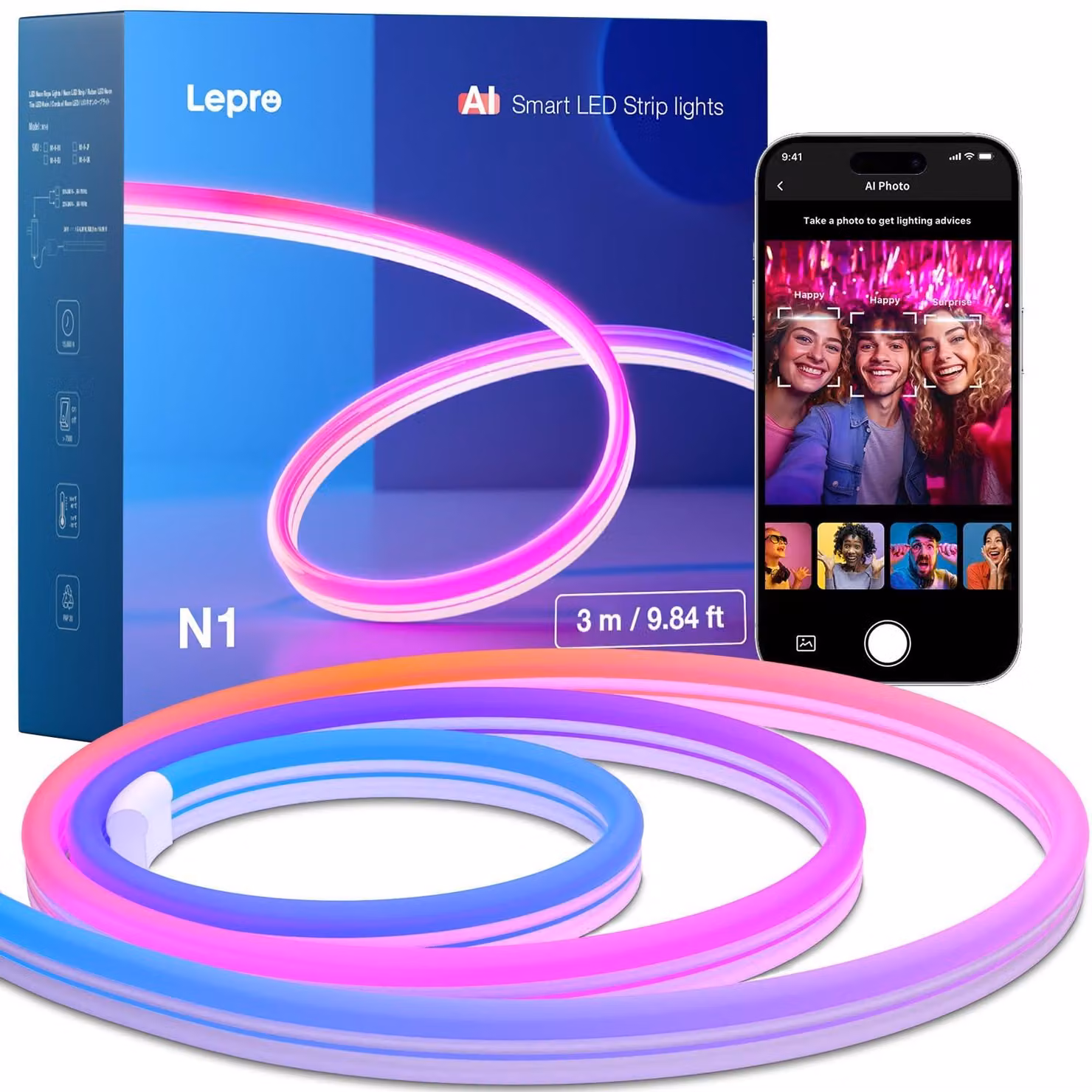 Striscia LED neon da 3 metri, grado di protezione IP65, progettata da KI, controllo tramite app, RGB