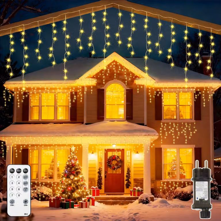 Catena luminosa da 7,5 metri, con 306 LED bianco caldo, timer, memoria e grado di protezione IP44