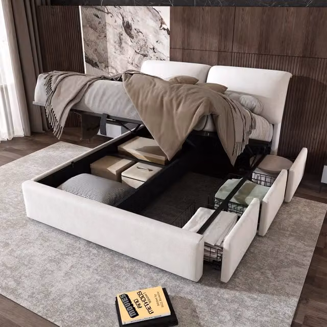 Letto contenitore matrimoniale 140 × 200 cm con apertura idraulica e 3 cassetti, senza materasso, in velluto beige