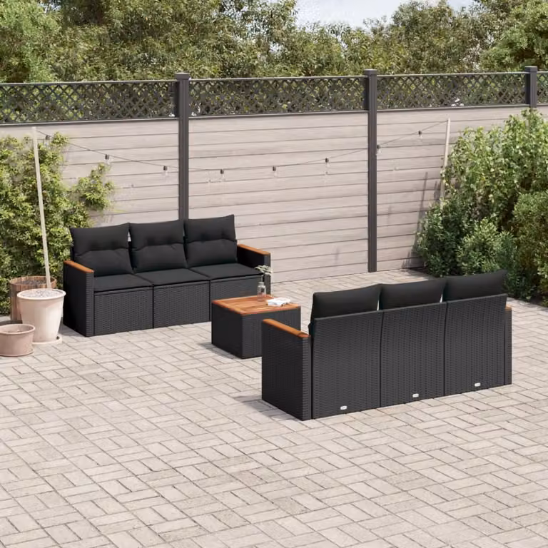 Set di Divani da Giardino vidaXL in Polyrattan Nero con 7 Cuscini e Tavolino da Caffè