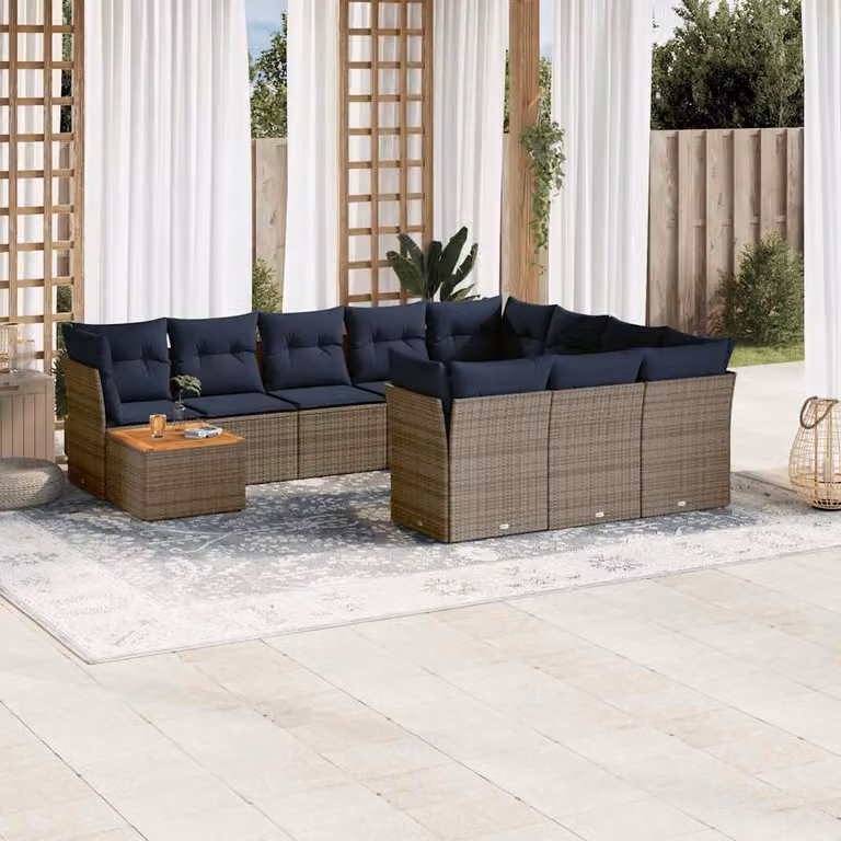 vidaXL Set Divani da Giardino 11 pz in Polyrattan Grigio con Cuscini e Tavolino da Esterno