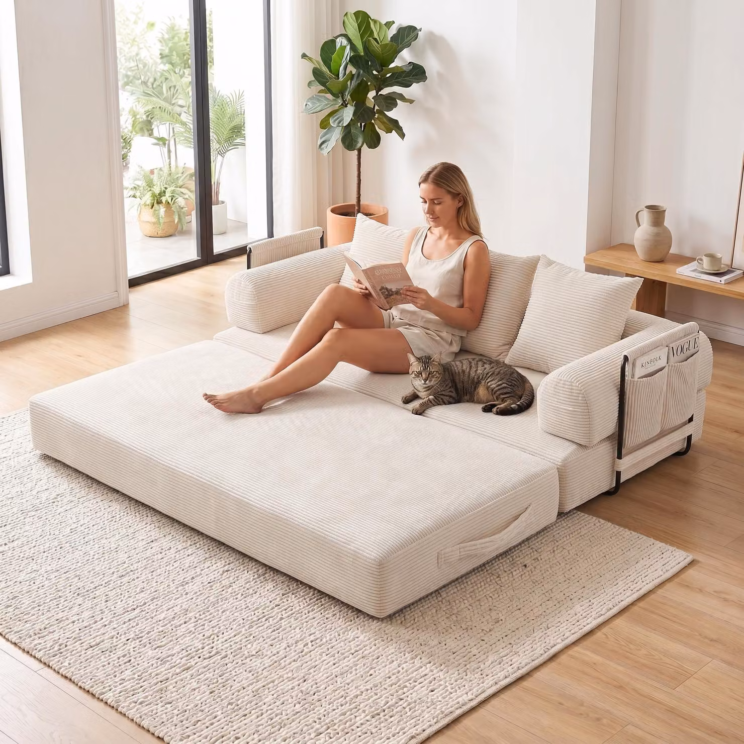 LVHOM Divano letto pieghevole in tessuto a coste, letto da giorno modulare con struttura in metallo, divano letto pieghevole con contenitore, portata 300 kg, beige
