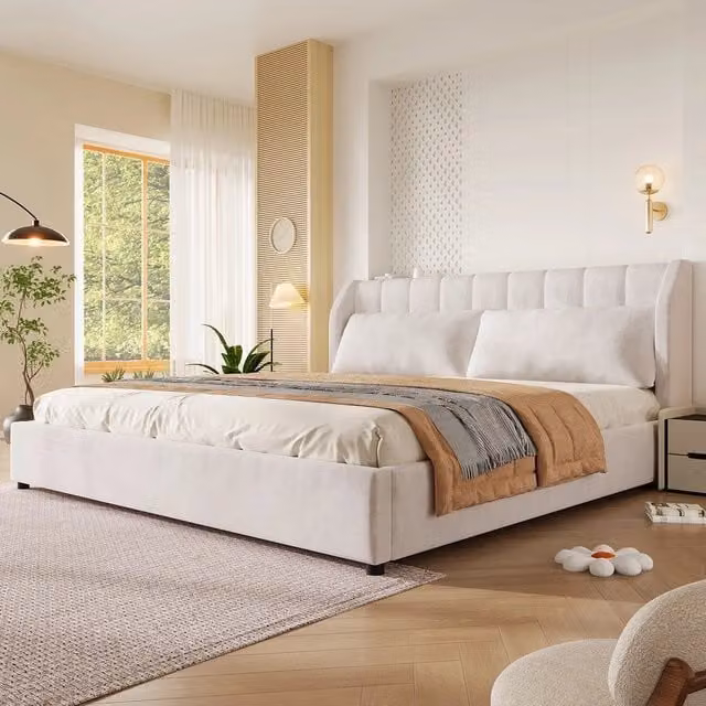Letto imbottito 180x200 ¨C Minimal ¨C Beige velluto struttura con rete a doghe