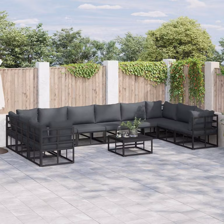 Set Divano da Giardino a L vidaXL 11 pz in Alluminio Verniciato Nero con Cuscini e Rivestimenti Rimovibili