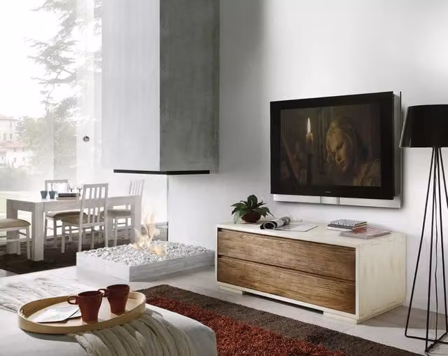 Porta TV in legno massello di abete bianco stile shabby chic con 2 cassetti Mobili 2G L: 130 cm, P: 54 cm, H: 55 cm