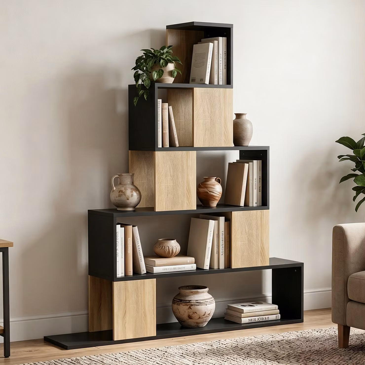 Scaffale Contenitore HOMCOM con Libreria Geometrica a 5 Livelli, Design Moderno in Metallo e Legno, Nero e Legno Naturale – 2