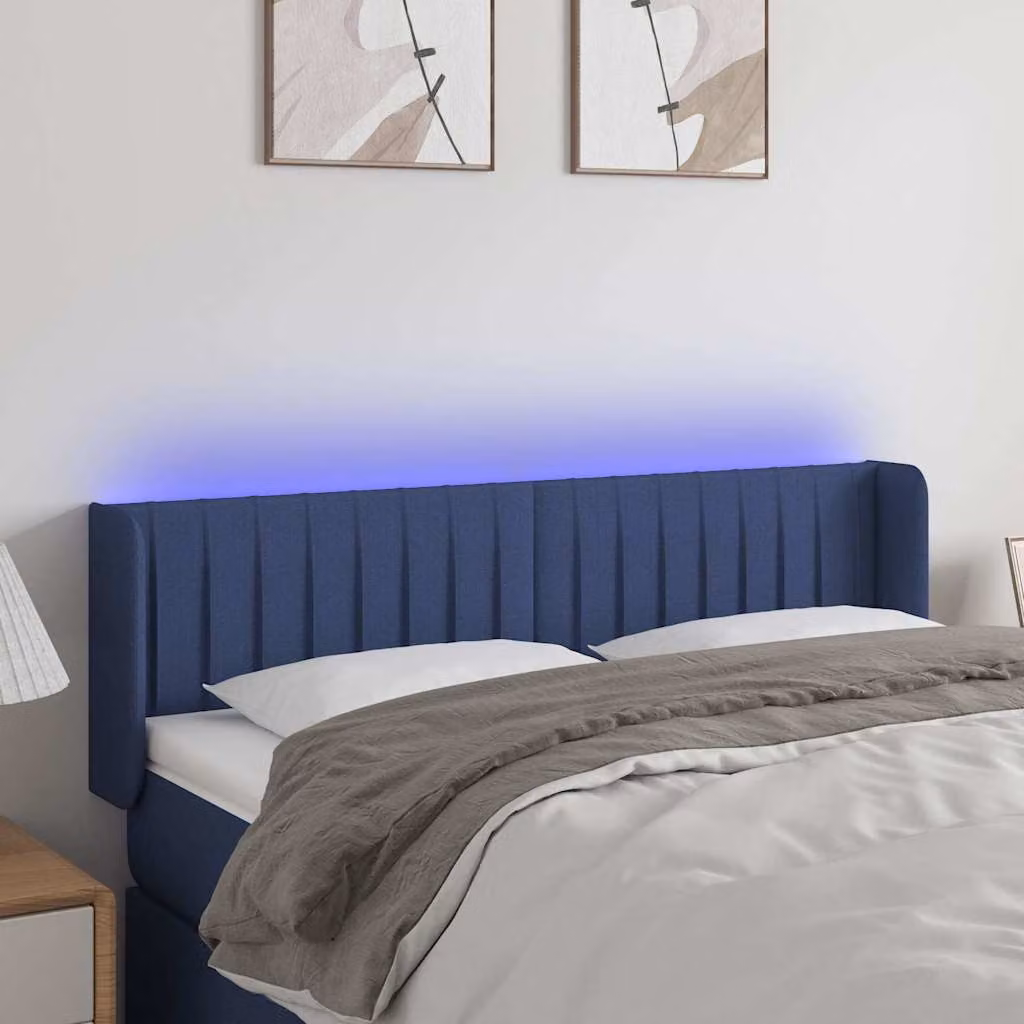 Testiera per letto vidaXL in tessuto blu con illuminazione LED integrata e porta di ricarica USB, L 147 x P 16 x H 78/88 cm