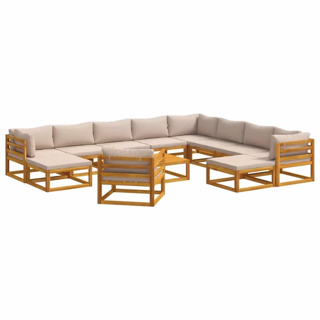 Set di divani da giardino a forma di U vidaXL in legno di acacia massello con cuscini beige e tavolino da esterno marrone – 2