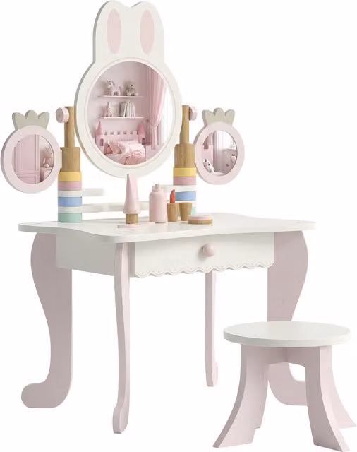 Set da Trucco per Bambina AIYAPLAY con Sgabello, 3 Specchi e 5 Accessori, Postazione di Bellezza in Legno con Cassetto, Rosa