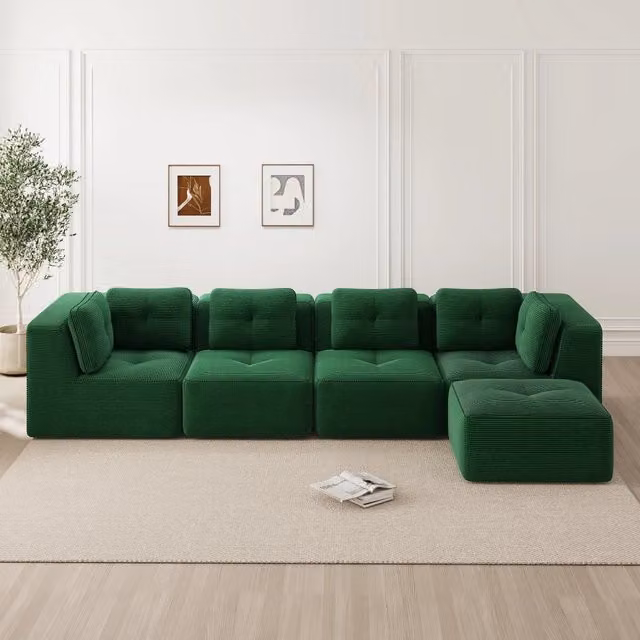 Divano angolare modulare Mivray in velluto a coste verde con funzione letto e cuscini inclusi per il tuo soggiorno