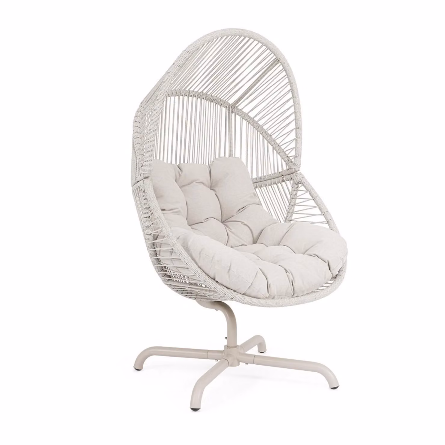 Poltrona girevole da giardino TARIFA con intreccio in fibra sintetica, base beige chiaro e cuscino
