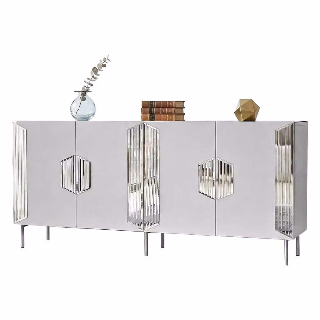 Madia Trigolo DMORA, Credenza Moderna con 4 Ripiani, Bianco Lucido e Argento, L: 180 cm, P: 40 cm, H: 80 cm – 2