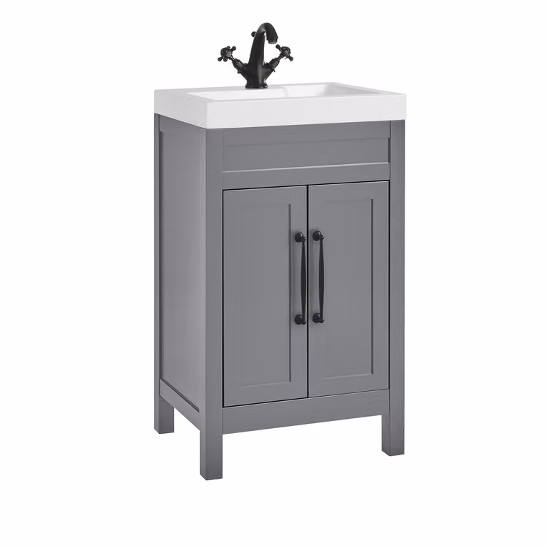 Mobile Bagno Grigio Chiaro da 500mm con Lavabo e Maniglie Classiche Nere con Barra a T - Warwick